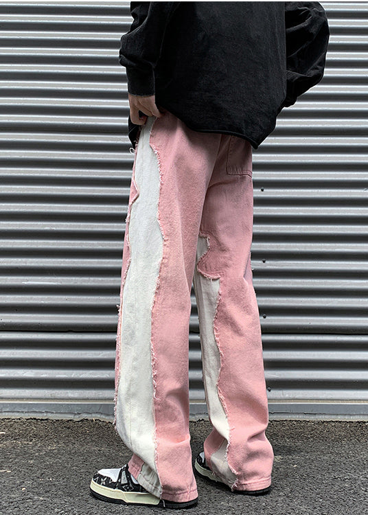 Pink Rough Edge Patchwork Denim Pants Fall