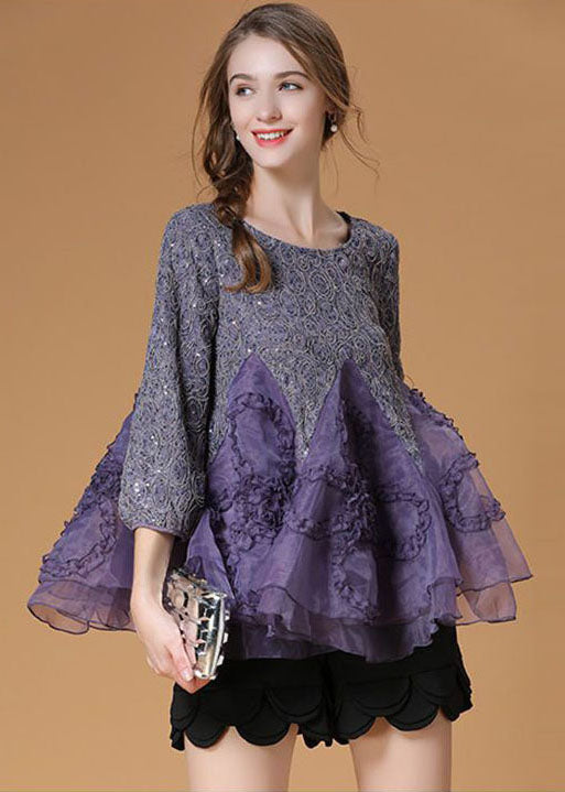 Purple Ruffled Patchwork Organza Shirt Top Bracelet Sleeve