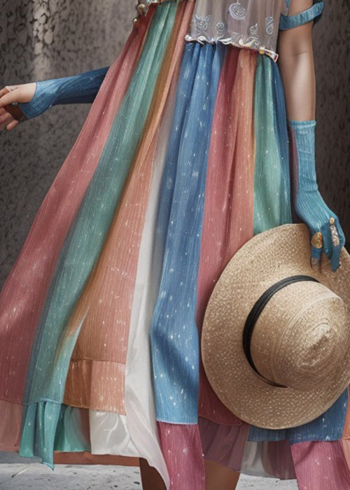 Rainbow Ruffled Patchwork Silk Long Dresses Summer