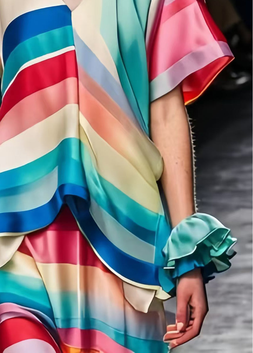 Rainbow V Neck Silm Fit Silk Long Dress Summer