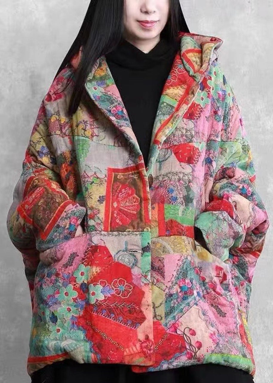 Red Loose Hooded Pockets Winter Cotton Puffer Jacket