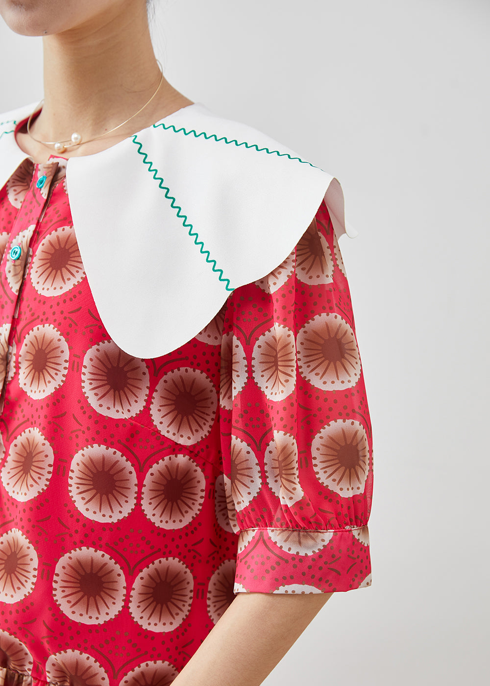 Red Peter Pan Collar Print Chiffon Long Dress Summer