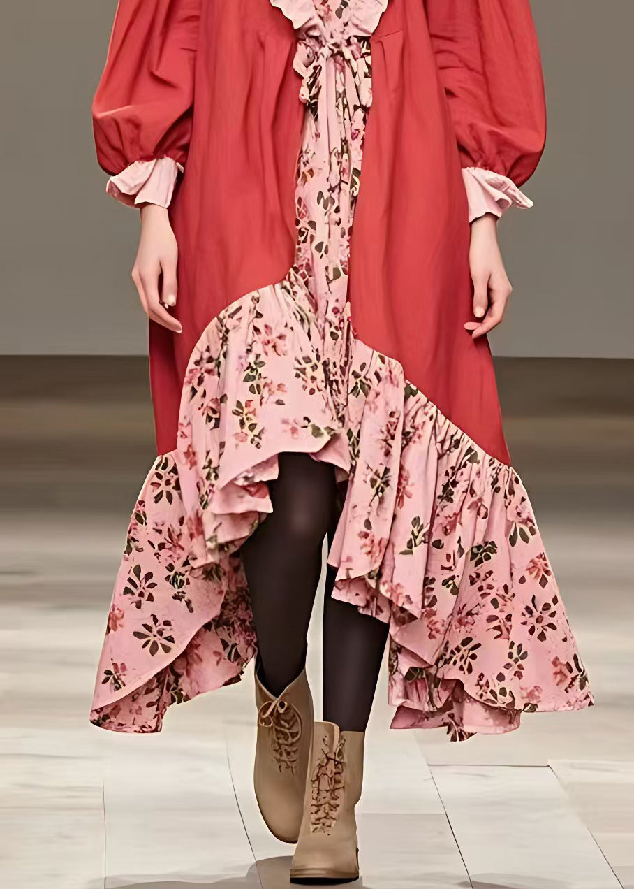 Red Ruffled Print Patchwork Cotton Long Dress Fall