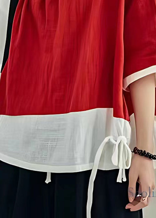 Red V Neck Lace Up Linen T Shirt Half Sleeve