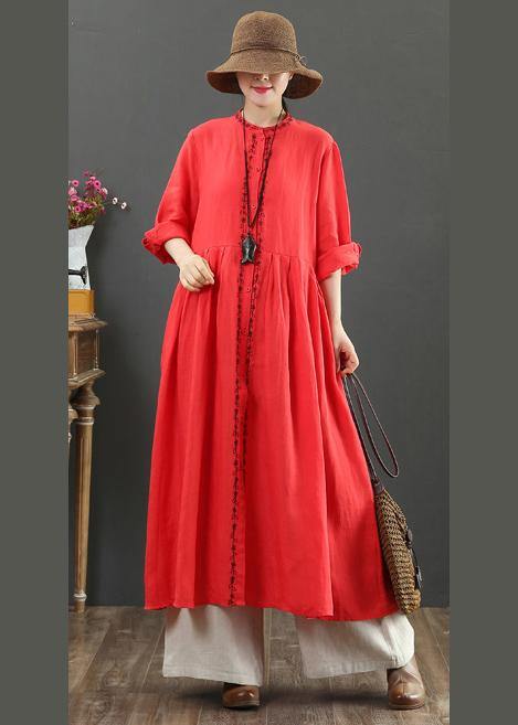 Red Cotton Outfit O Neck Cinched Robes Spring Dress