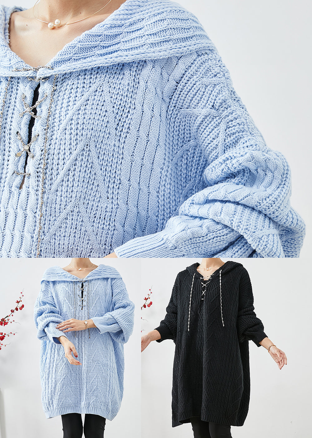 Sky Blue Hooded Oversized Knit Sweater Dress Fall
