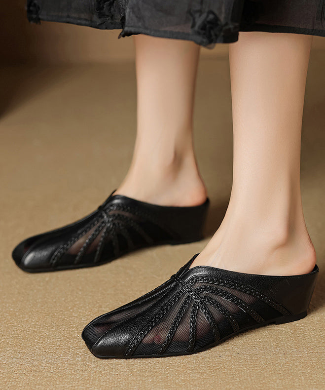 Tulle Splicing Wedge Slide Sandals Gold Cowhide Leather