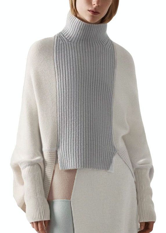 White High Neck Asymmetrical Patchwork Wool Knit Pullover Winter
