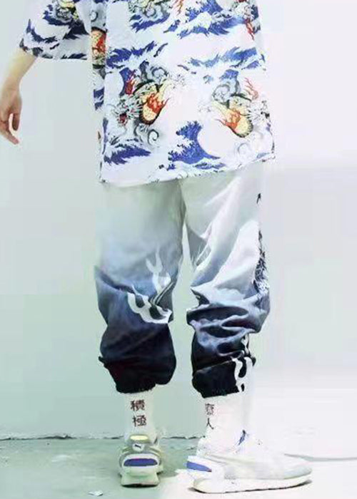 White Print Pockets Cotton Crop Pants Summer