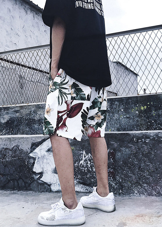 White Print Pockets Elastic Waist Cotton Beach Shorts Summer