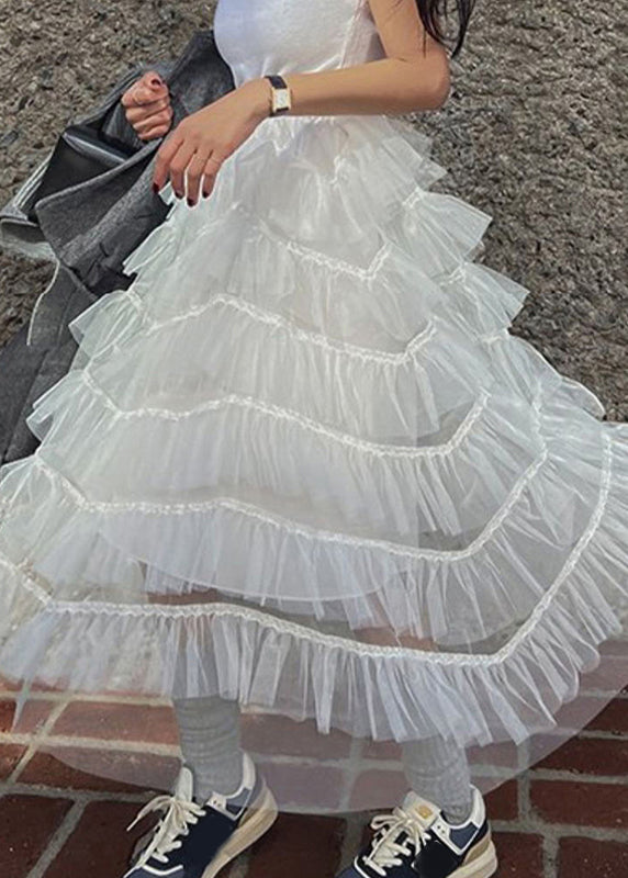 White Ruffles Patchwork High Waist Tulle Skirt Summer