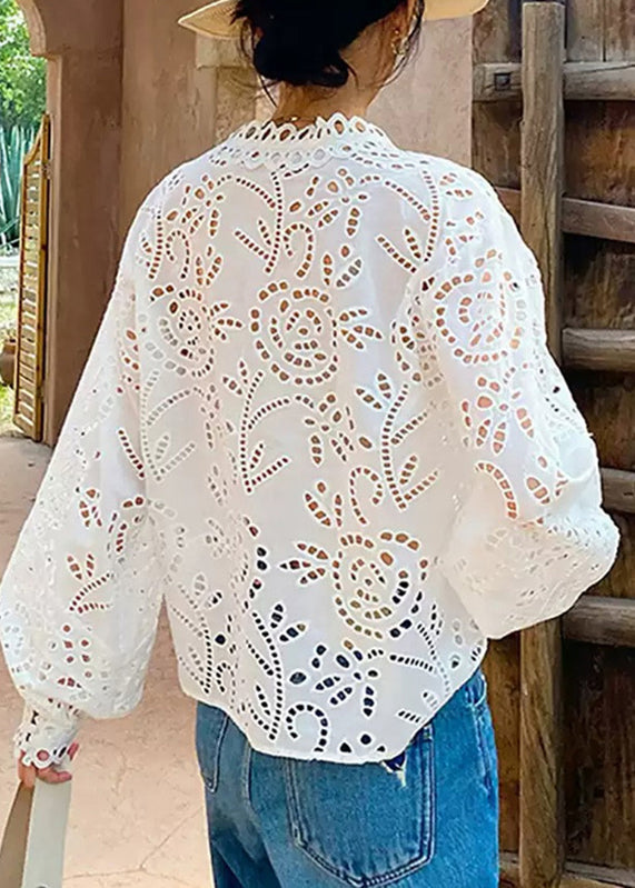White V Neck Embroidered Hollow Out Shirt Summer
