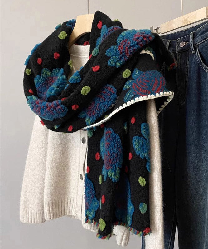 Wool Blend Three-dimensional Flower Embroidered Scarf