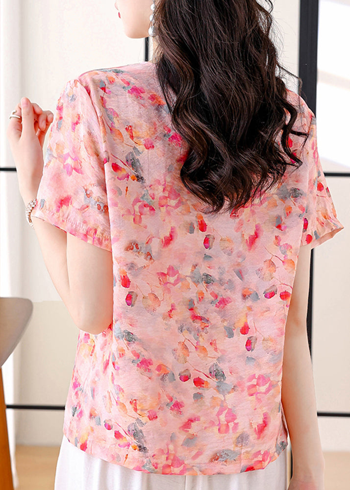 Yellow O Neck Print Drawstring Cotton Shirt Summer