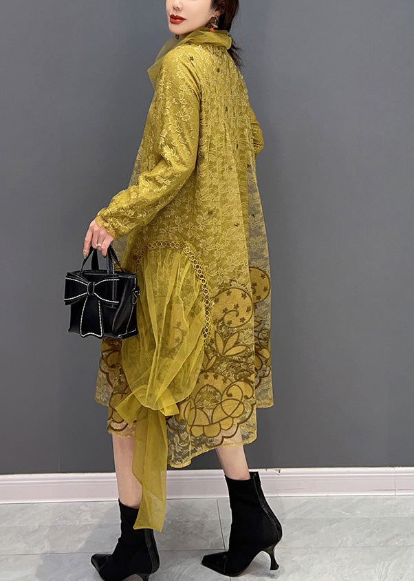 Yellow Turtleneck Embroideried Tulle Holiday Dress Long Sleeve