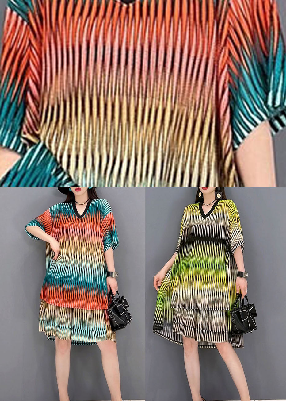 Yellow V Neck Striped Print Cotton Tanks and Shorts Two-piece Set Summer
