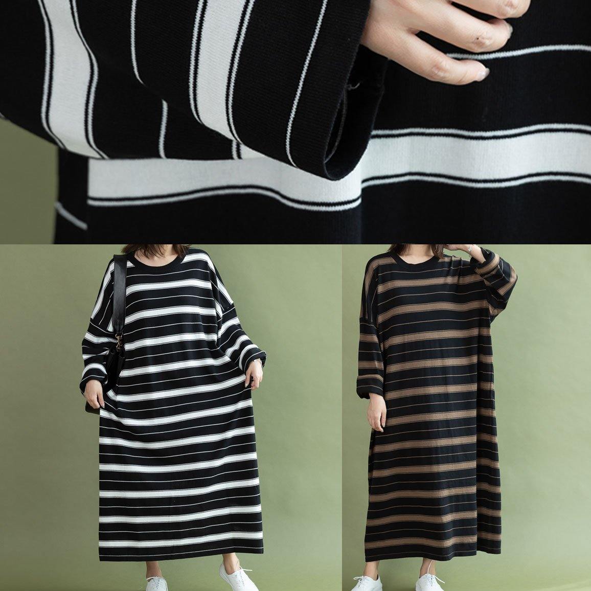Black Chocolate Striped Cotton Quilting Dresses O Neck Baggy Long Fall Dresses