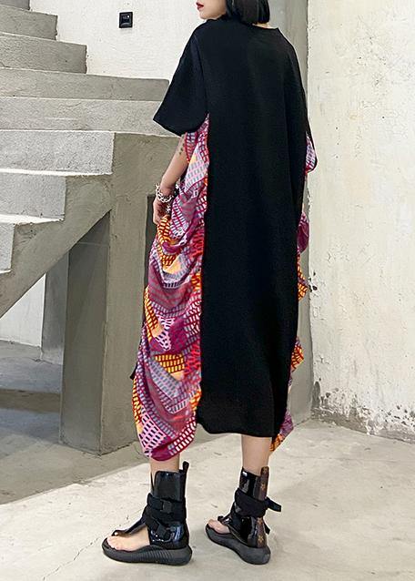 Black Patchwork Print Cotton Wardrobes O Neck Maxi Summer Dresses