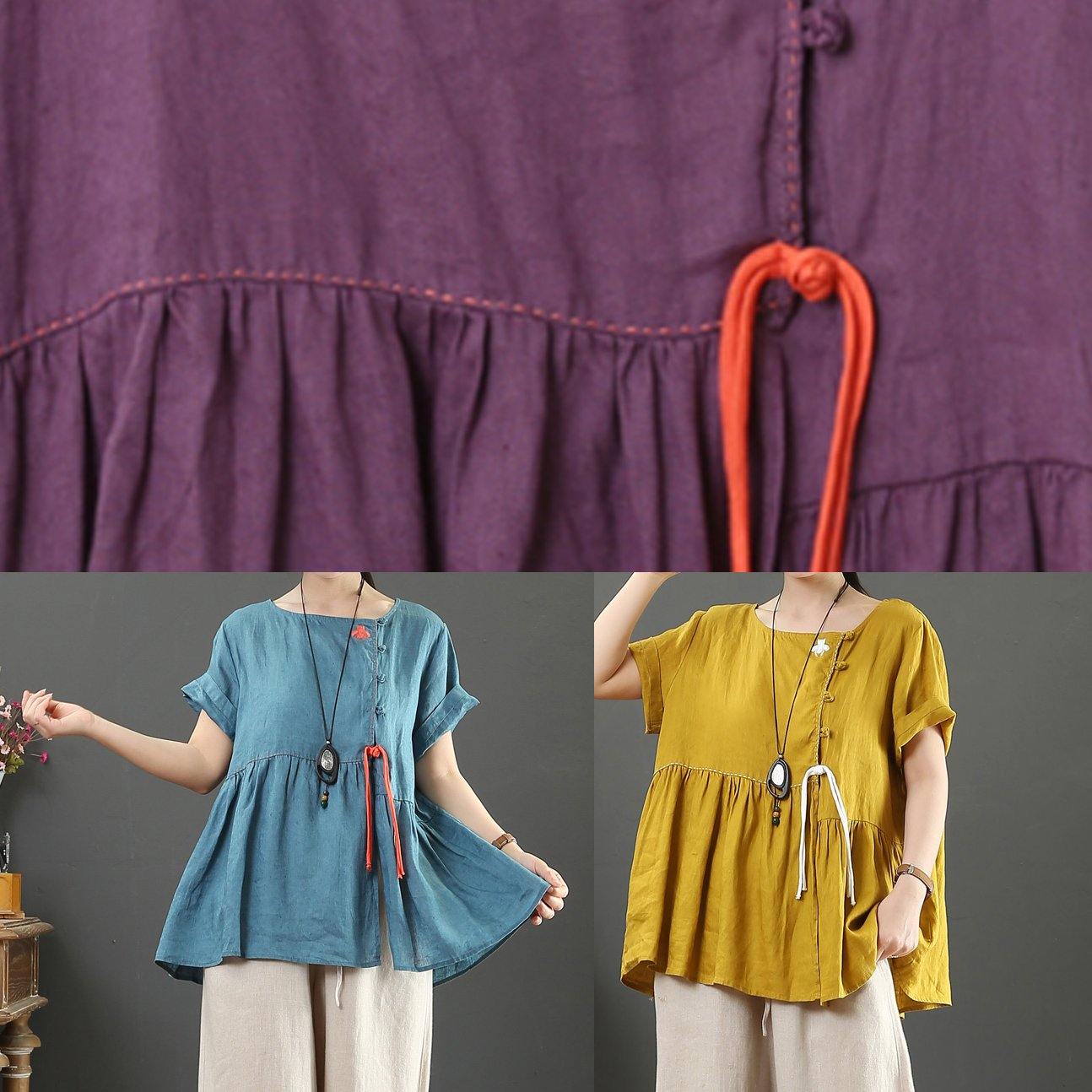 Blue Linen Linen Tops O Neck Cinched Oversized Shirts