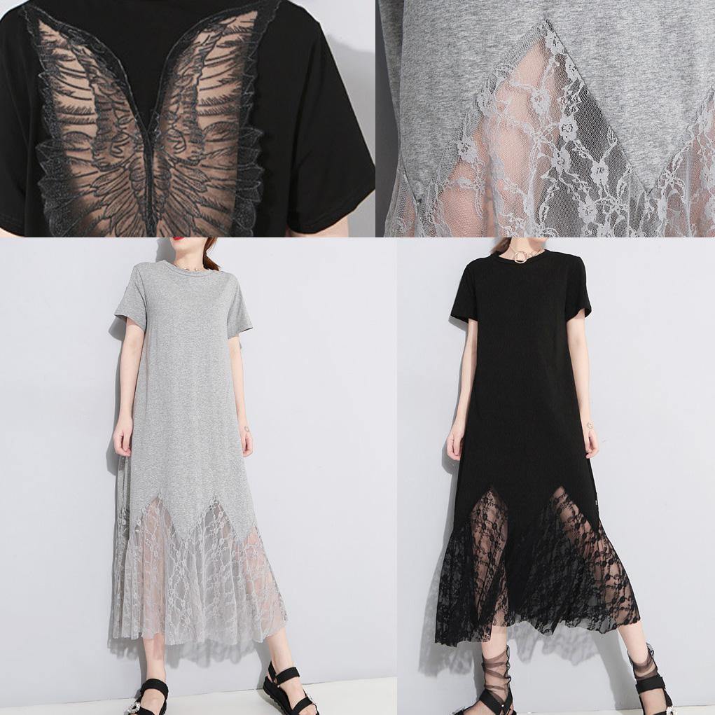 Gray Cotton Clothes Lace Patchwork Maxi Summer Hollow Out Dresses