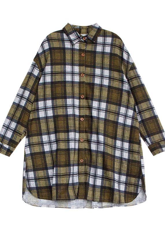 Chic gray plaid cotton blouses for women POLO neck Button tunic top