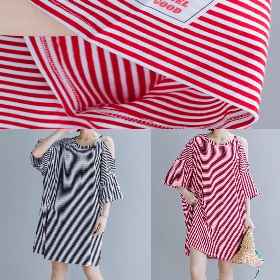O Neck Side Open Cotton Tunic Dresssewing Black Striped Dress
