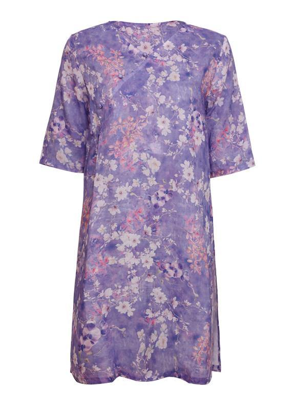 Purple Print Linen Clothes V Neck Half Sleeve Knee Tops