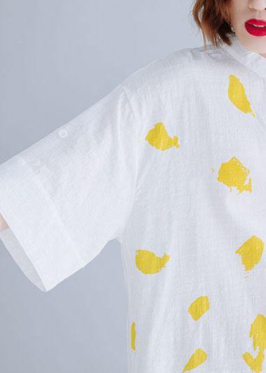 White Prints Linen Dresses Stand Collar Maxi Summer Dress