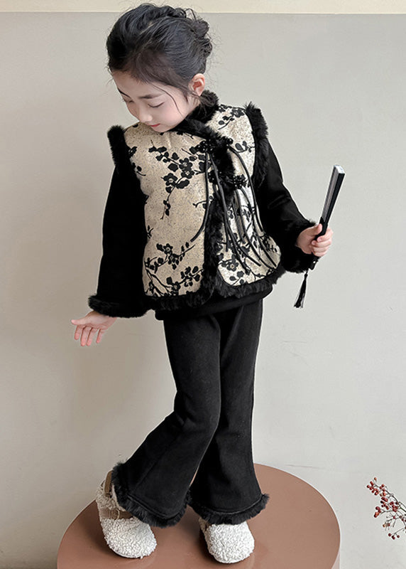Chinese Style Black Print Warm Fleece Waistcoat Top and Pants Two Pieces Set Winter