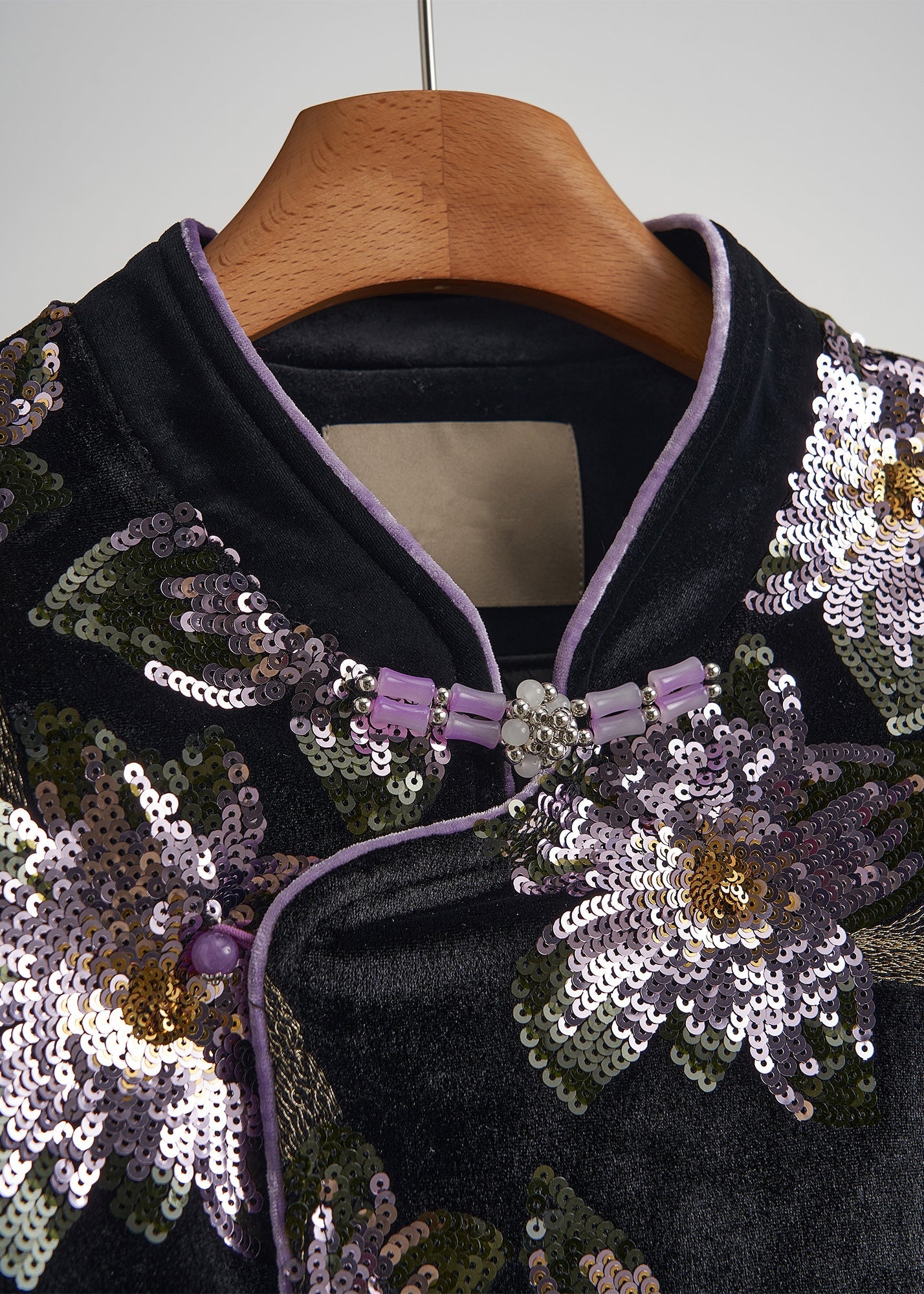 Chinese Style Black Sequins Embroidered Silk Velvet Coats Spring