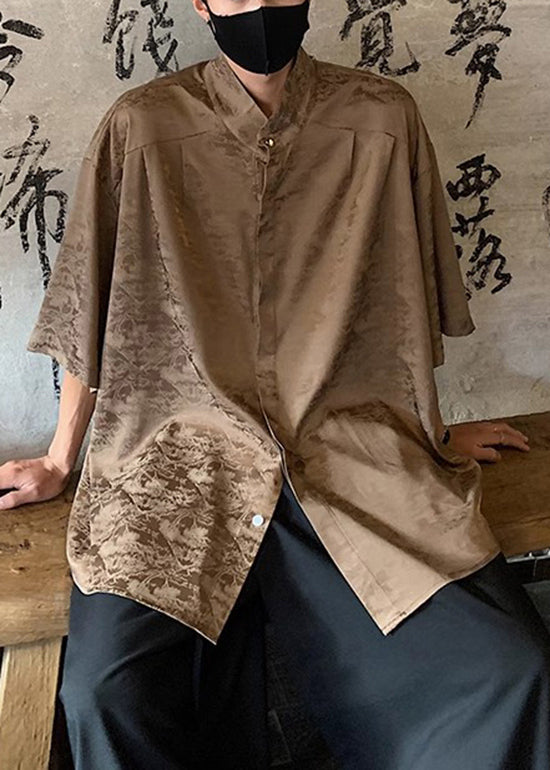 Chinese Style Coffee Jacquard Ice Silk Shirts Summer