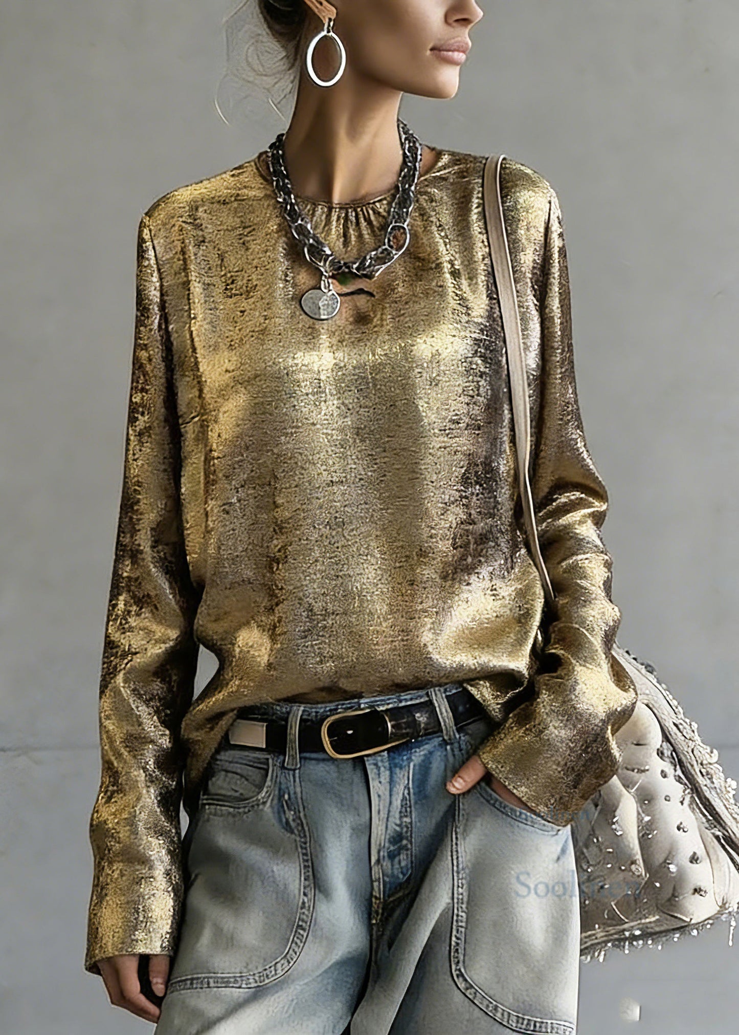 Chinese Style Gold O-Neck Patchwork Top Spring