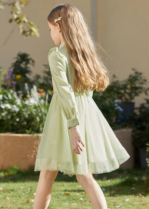 Chinese Style Green Embroideried Ruffled Tulle Patchwork Mid Dress Fall