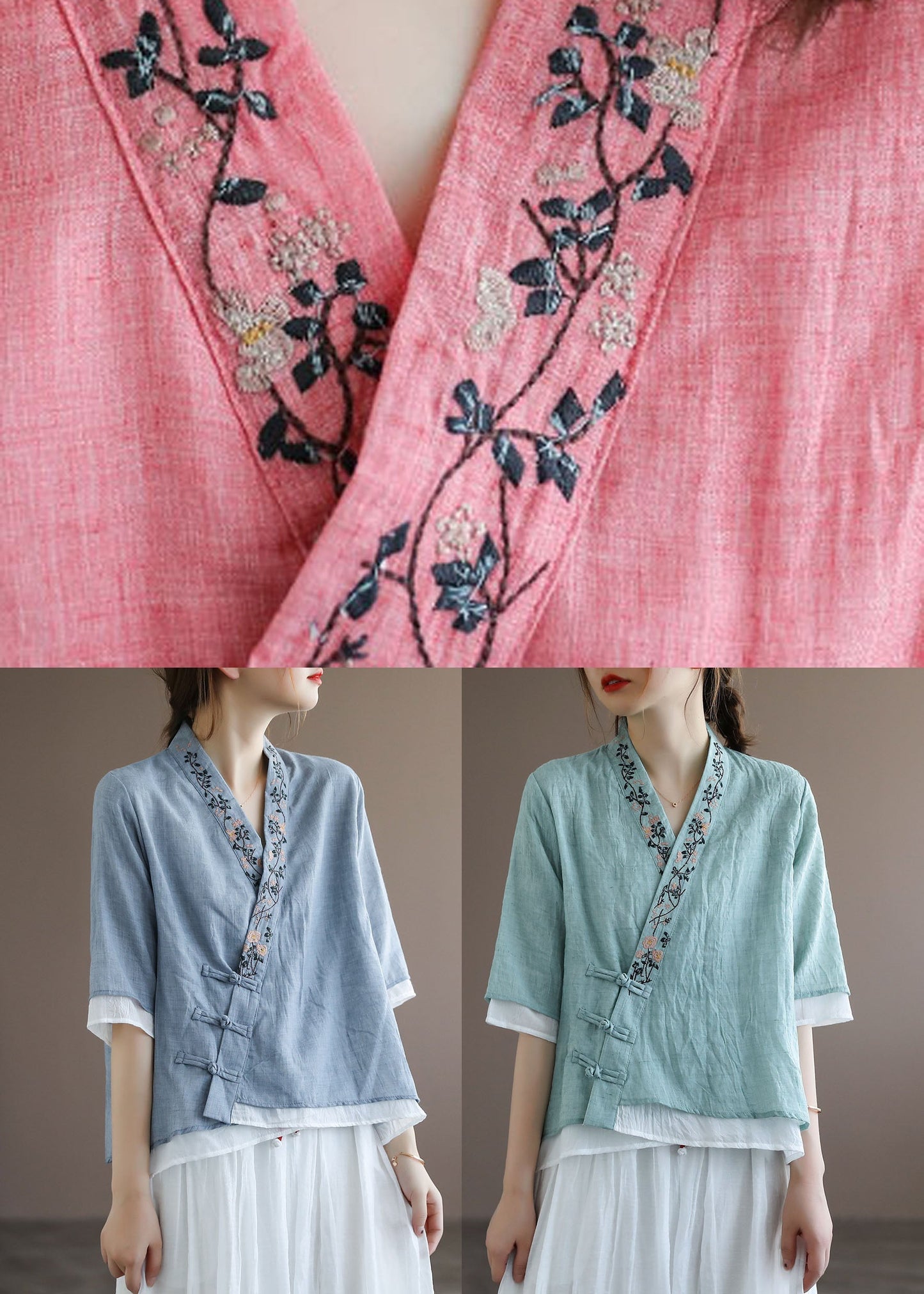 Chinese Style Lake Yellow Leopard Print V Neck Double-deck Cotton Top Half Sleeve