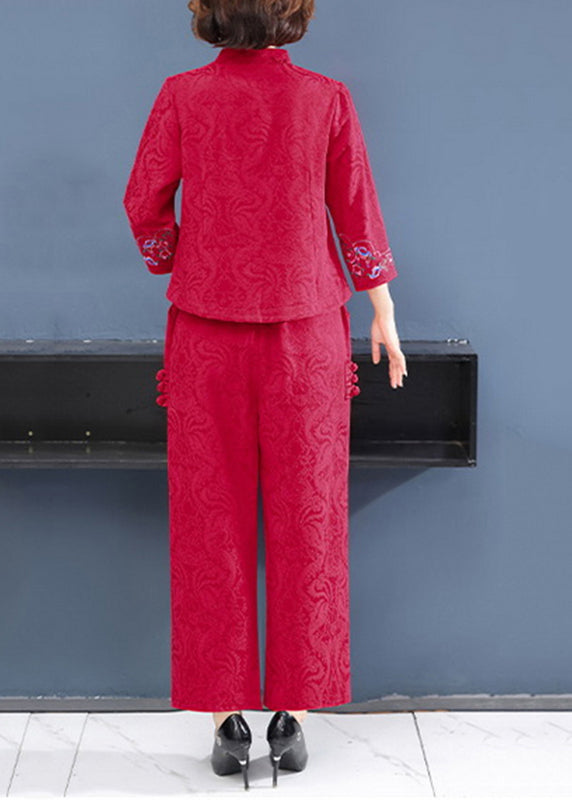 Chinese Style Red Stand Collar Embroidered Top and Wide Leg Pants Two Pieces Set Long Sleeve