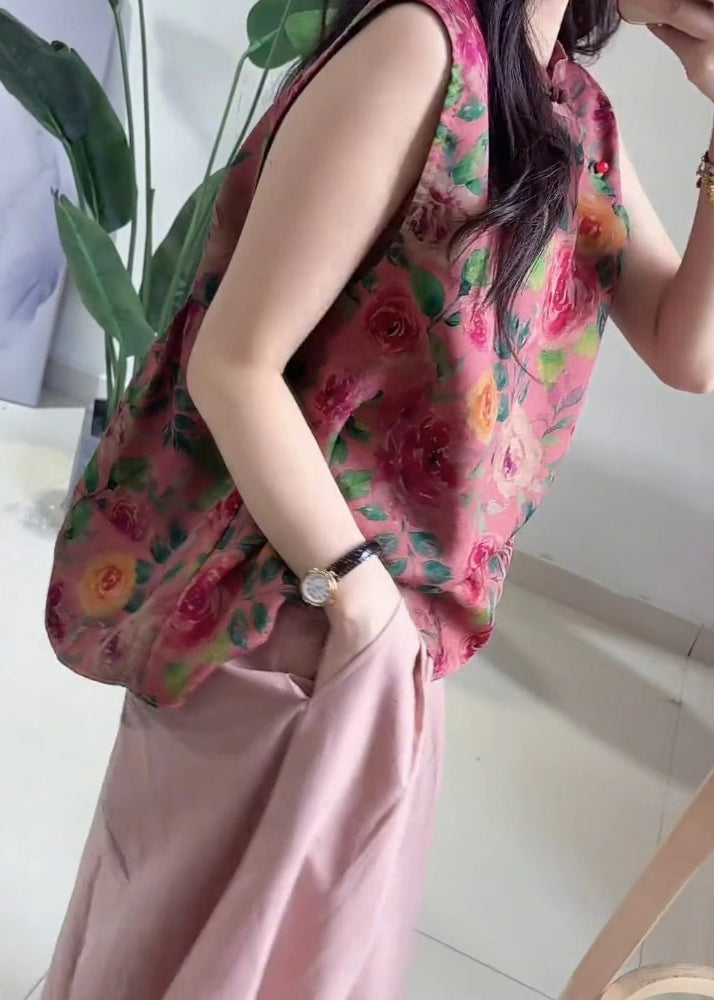Chinese Style Rose Print Tops and Pink Pockets Pants Cotton Two Piece Set Sleeveless