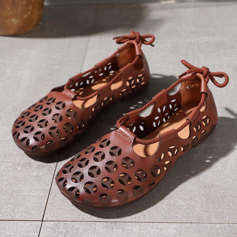 Chocolate Flat Shoes Cowhide Leather Hollow Out Flats