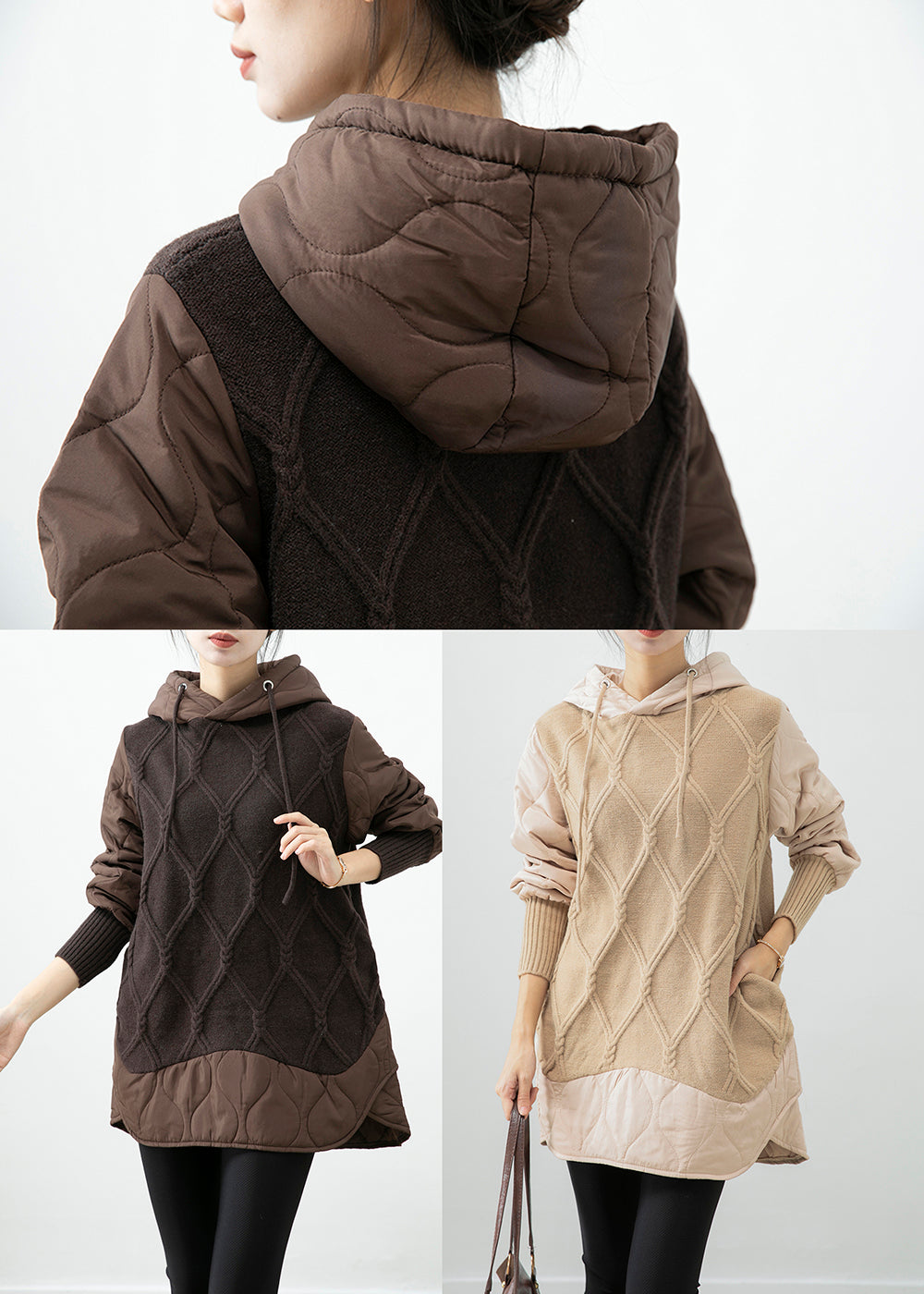 Chocolate Patchwork Knit Fine Cotton Filled Pullover Dress Hooded Winter