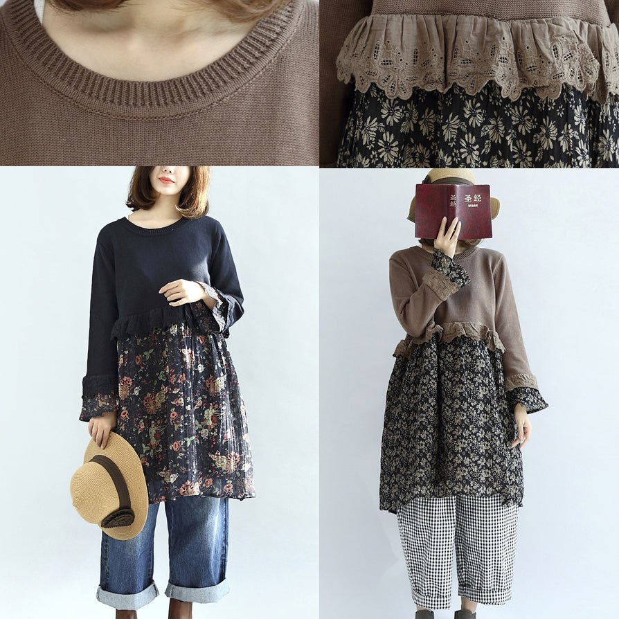 Chocolate Patchwork Sweater Dresses Knit Pullover Shift Dress
