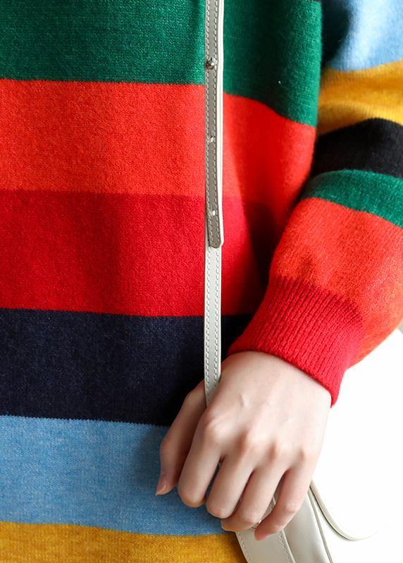 Christmas Rainbow Striped Sweater Knit Top Pattern Moda Side Open Oversized Spring Knitted Tops