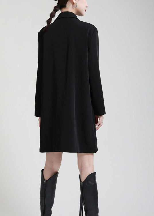 Classy Black Peter Pan Collar Button Asymmetrical Design Pockets Fall Maxi Dresses Long Sleeve