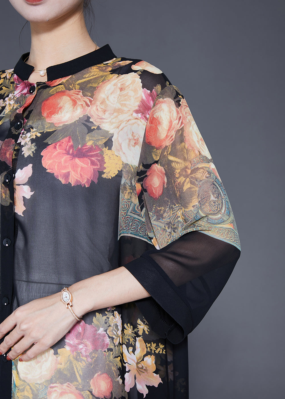 Classy Black Print Chiffon Upf 50+ Long Shirt Bracelet Sleeve