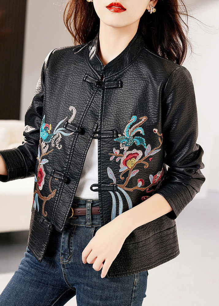 Classy Black Stand Collar Embroidered Faux Leather Coats Long Sleeve