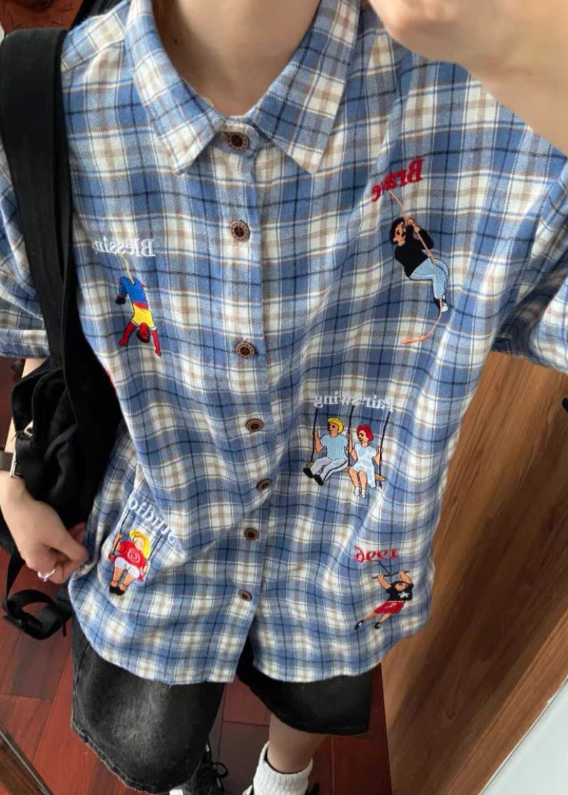 Classy Blue Plaid Print Button Cotton Shirts Half Sleeve