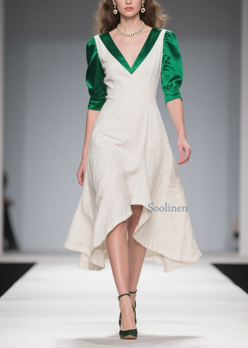 Classy Colorblock Asymmetrical Patchwork Linen Silk Dress Summer