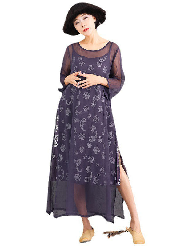 Classy Grey Print Cotton Two Pieces Set Three Quarter Sleeve