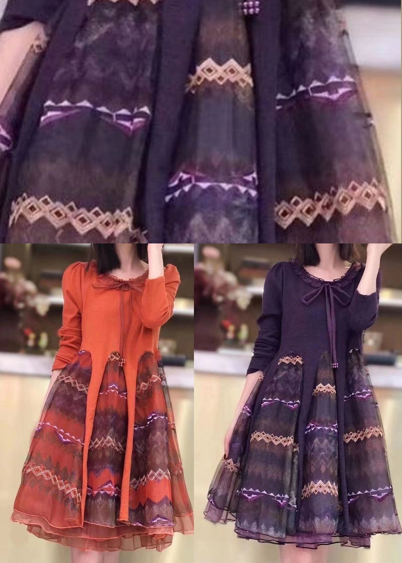 Classy Orange Knit Patchwork Tulle Embroideried Fall Long Sleeve Dress