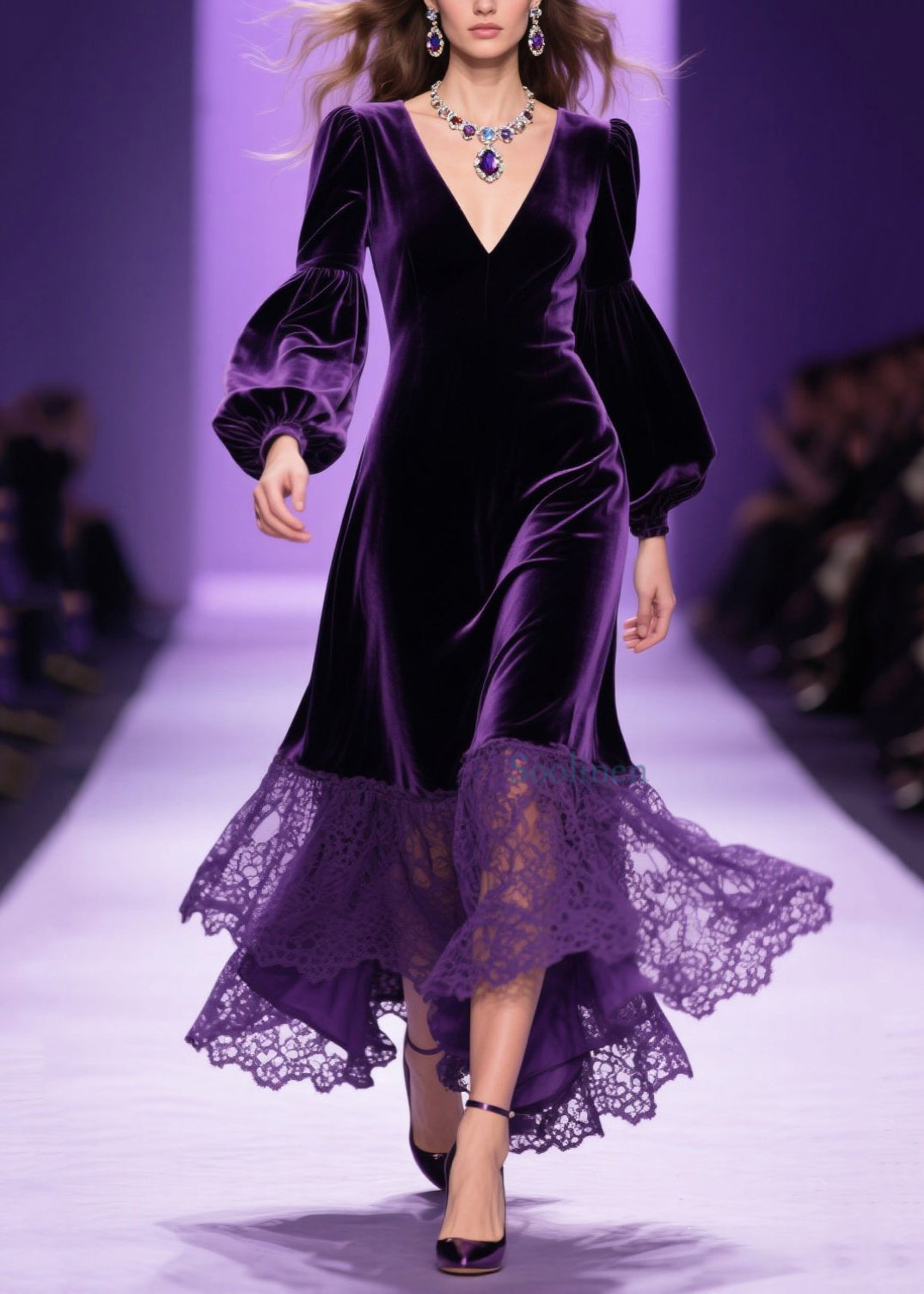 Classy Purple V Neck Lace Patchwork Velvet Dress Spring