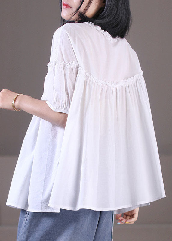 Classy Purple Ruffled Wrinkled Patchwork Button Cotton Shirt Top Short Sleeve