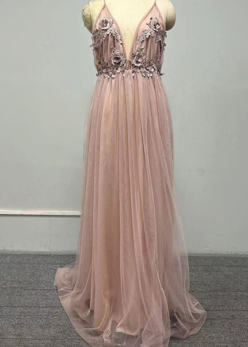 Classy V Neck Tulle Spaghetti Strap Dress Summer